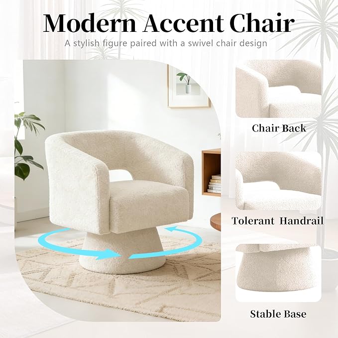 Accent Barrel Chair Set of 2 Modern Teddy Bear Velvet Club Chair 360° Swivel Degree Dressing Chair Suitable for Living Room Reading Room Bedrooms Office White