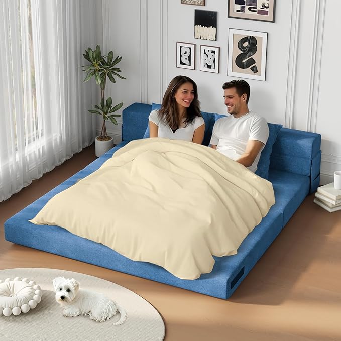 60 Convertible Sleeper Sofa Bed 5-in-1 Loveseat Boneless Couch in a Box Fold Out Chair Bed with Pillows Folding Floor Mattress for Living Room Bedroom Dorm Guest Use Apartment Navy Blue