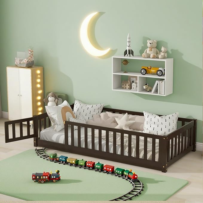 Bellemave Twin Floor Bed Frame with Slats and Safety Guardrail Wood Twin Size Montessori Floor Bed with Door and Fence Easy Assemble Montessori Beds for Kids Girls Boys Espresso