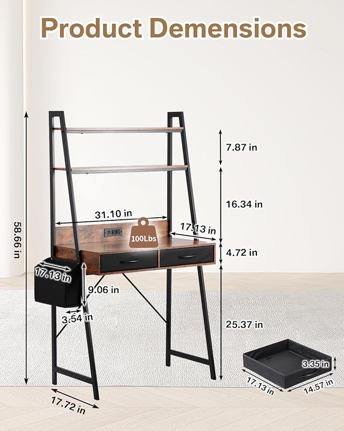 Kathy&ampBob Small Home Office Study Desk - Freestanding Ladder Design with Fabric Drawers &amp Side Bag - Modern Vanity Makeup Desk - 2 Tier Shelf &amp Computer Gaming Station