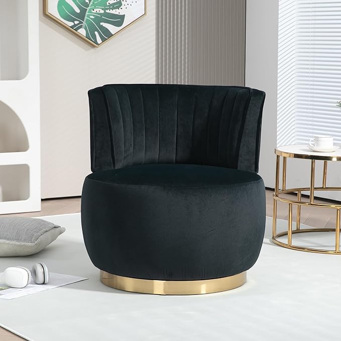 360° Swivel Barrel Accent Chair Black Round Club Arm Chair with Metal Base Modern Single Sofa Seating Velvet Reading Seat in for Living Room Bedroom Office (Black)