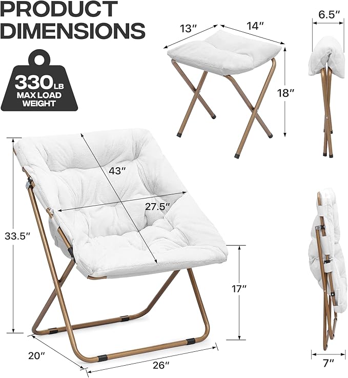 Cozy Saucer Chair Living Room Chair Faux Fur Soft Thick Padded Folding Chair Comfortable Square Moon Chair for Living Room Bedroom Reading Nook Modern Style 2 Pack White