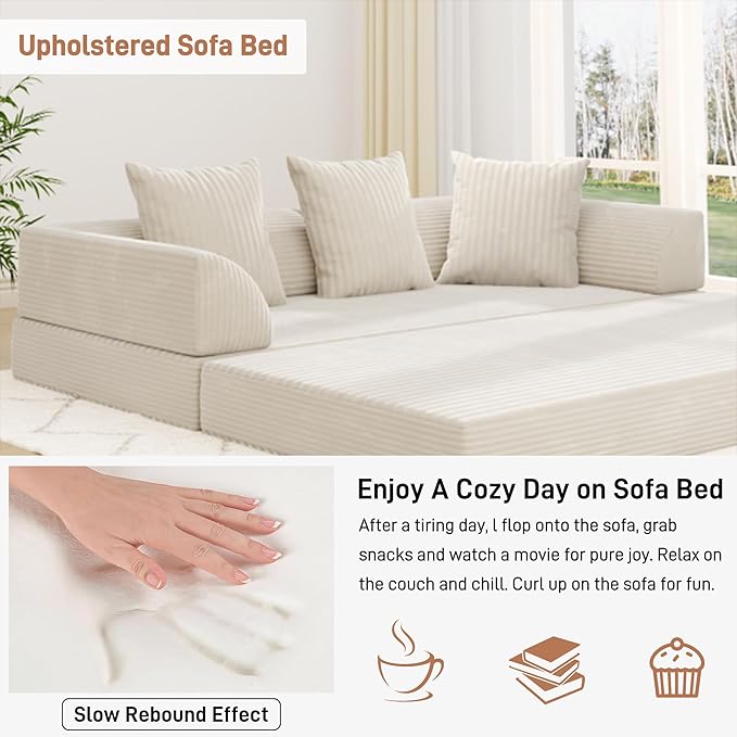 Folding Convertible Sofa Bed with 3 Pillows 79  Corduroy Boneless Couch with Armrest Pockets Lounge Loveseat Sleeper with Pull Out Bed Memory Foam Compressed Sofa for Living Room Bedroom Beige