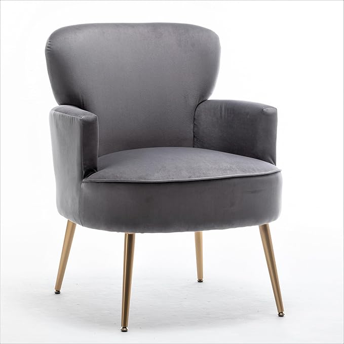 Trendy Velvet Accent Chair with Gold Metal Legs Upholstered Armchair for Small to Mid-Size Spaces Modern Living Room Bedroom Vanity Desk and Entryway Grey