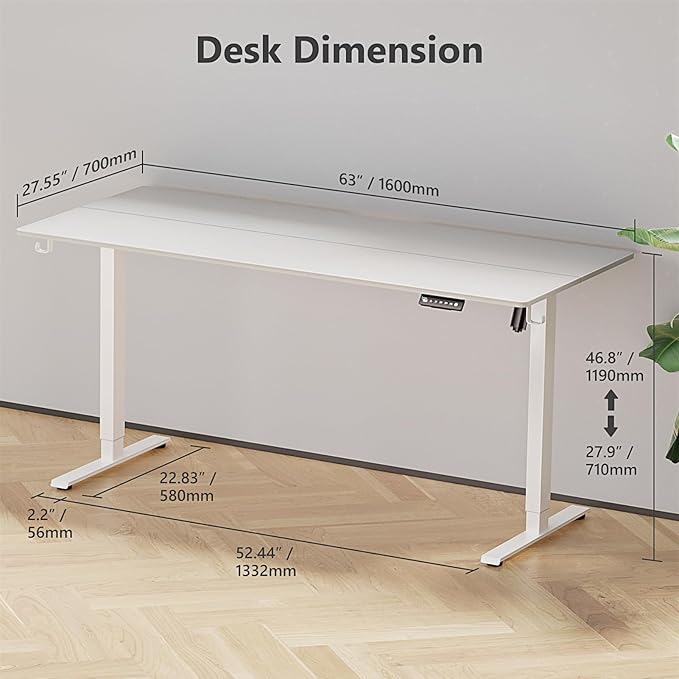Singel Motor Standing Desk 63 inch White
