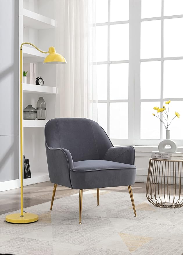 Modern Ergonomics Soft Velvet Fabric Material Armchair Accent Chair with Gold Legs Coffee Table Side Chair Comfy Upholstered Arm Chair for Indoor Home Living Room Bedroom (Grey)