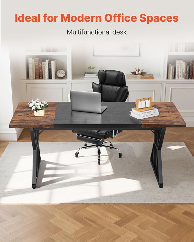VEVOR Executive Desk 70.9 x 31.5 inch Large Computer Desk PC Workstation for Home Office Modern Simple Wood Laptop Study Writing Table Metal Frame Business Furniture Rustic Brown and Black