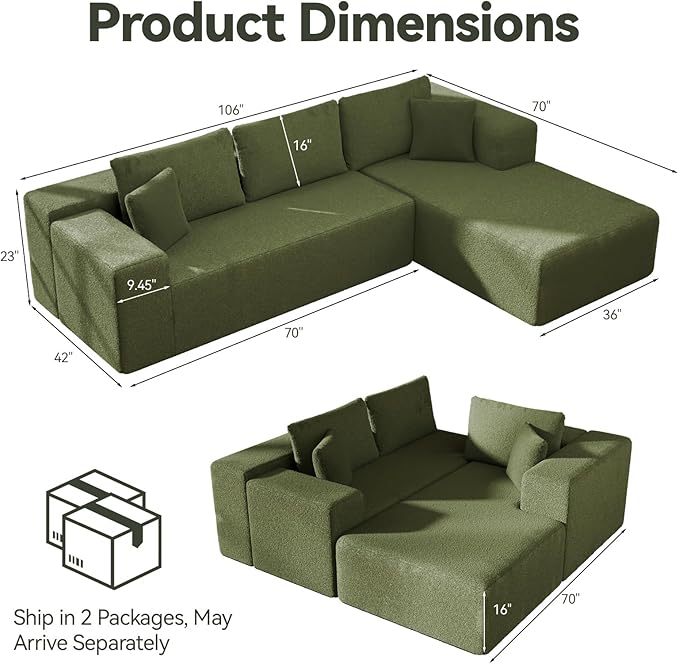 106 Modular Sectional Sofa Green Wool Cloud Couch with Left Chaise Deep Seat Boneless Floor Sofa for Living Room High-Resilience Foam Support No Assembly Required Includes Pillows | Sectional So