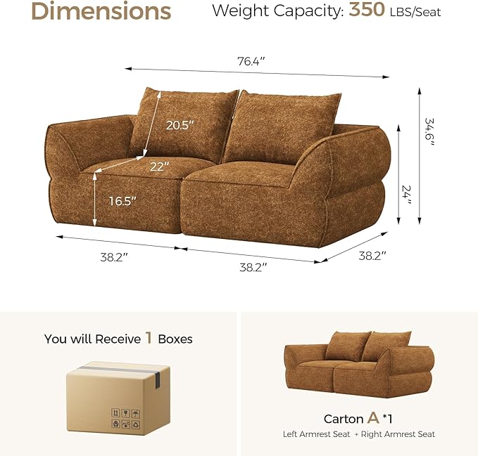 76.4 Cloud Loveseat Sofa Deep Seat Couch with Pillows Modern Comfortable Upholstery Boneless Sofa 1 Piece for Living Room Bedroom Apartment Removable CoverNo Assembly Required Orange