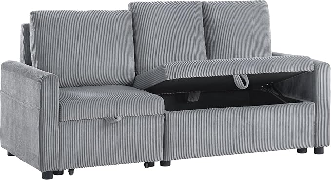 Lilola Home Oswin 70 W Gray Corduroy Fabric Sleeper Sofa with Pull-Out Chaise and Tufted Cushions – Modern Space-Saving Convertible Couch for Small Apartments or Guest Rooms
