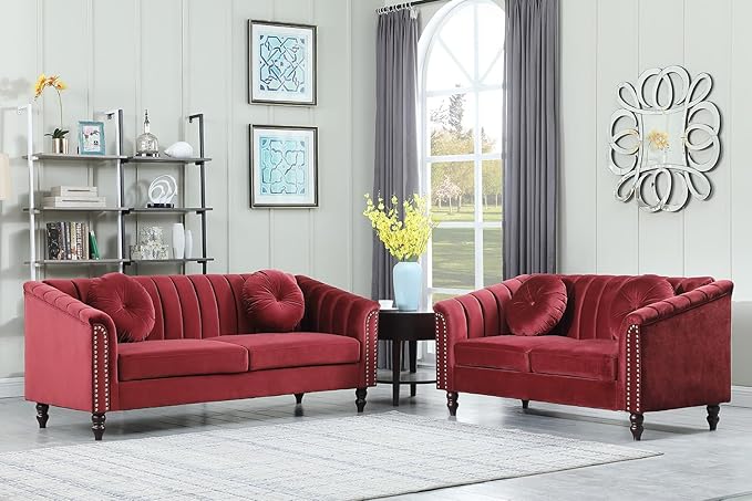 Chesterfield Sofa Set Luxurious Velvet Chesterfield Settee Couch SetSofa and Loveseat SetUpholstered Rolled Arm with Rivets/4 Button Tufted Pillow Modern Sofa Living Room SetRed
