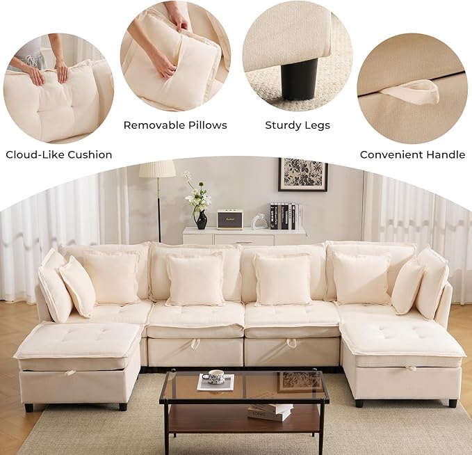 133'' Modular Sectional Sofa Oversized U Shaped Couch with Storage Ottoman Comfy Chenille Sofa with Deep Seat 6 Seat Convertible Couches with Throw Pillows for Living Room Beige