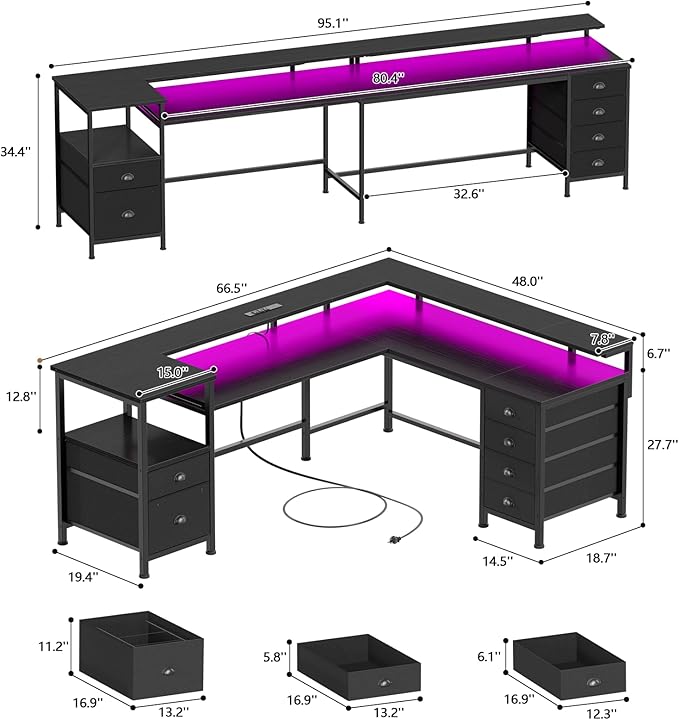 Furologee 66 Reversible L Shaped Gaming Desk with 6 Drawers &amp Printer Storage Shelves Corner Computer Desk with Power Outlets &amp LED Lights Home Office Table with Monitor Stand Black