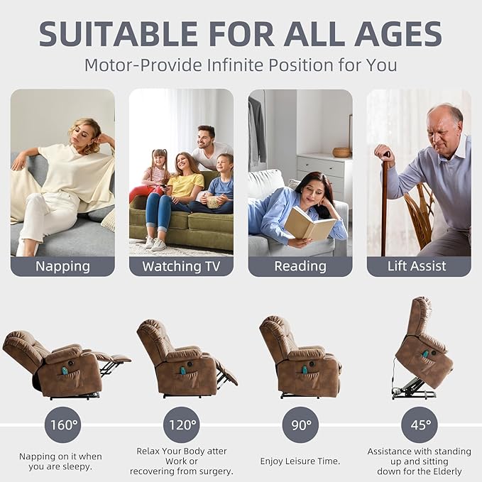 Power Lift Recliner Chair for Elderly Electric Recliner Chairs for Adults with Massage and Heat Cup Holders Remote Control USB Ports Side Pockets Leather (Ochre)