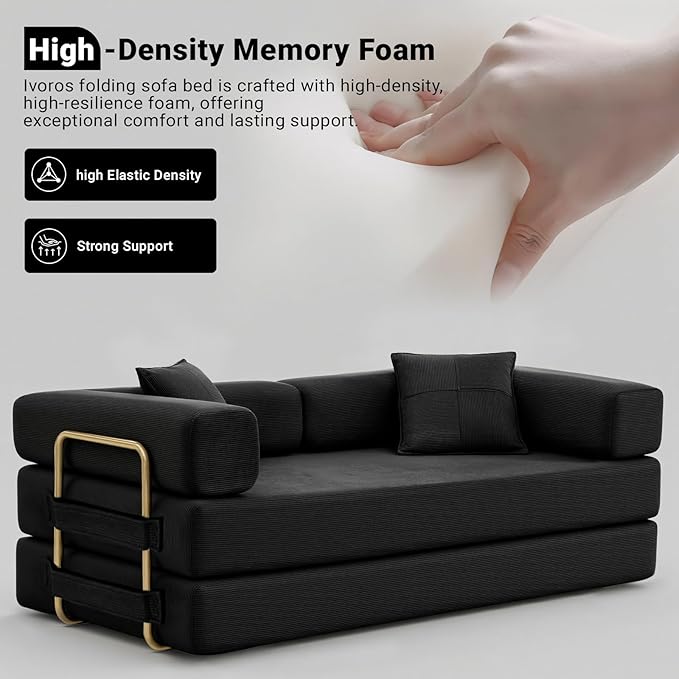 78 Convertible Sleeper Sofa Bed Corduroy Folding Sofa Bed with Fixed-Shape Frame Fold Out Floor Mattress Couch Lazy Compression Sofas for Living Room Bedroom No Assembly Required Black