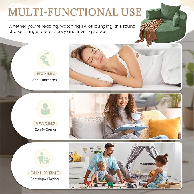 360° Swivel Barrel Chair - Oversized Round Sofa Chair and A Half with Pillows Comfy Modern Upholstered Chenille Deep Seat Circle Chaise Lounge for Living Room Bedroom Office Hotel (Moss Green)