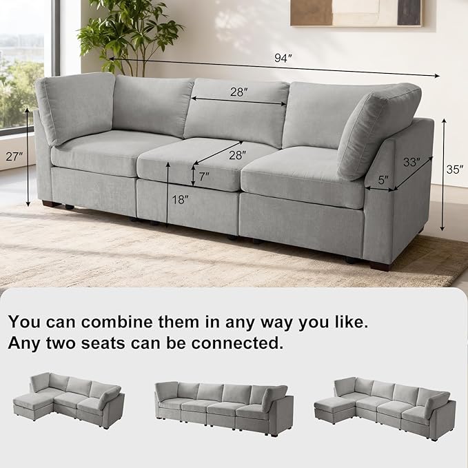EDILLY 94 inches Oversized Modular Sectional Fabric Cloud Sofa Set Extra Large L Shaped Couch Reversible Chaise Couch3 Seat Modular Sofa Light Grey
