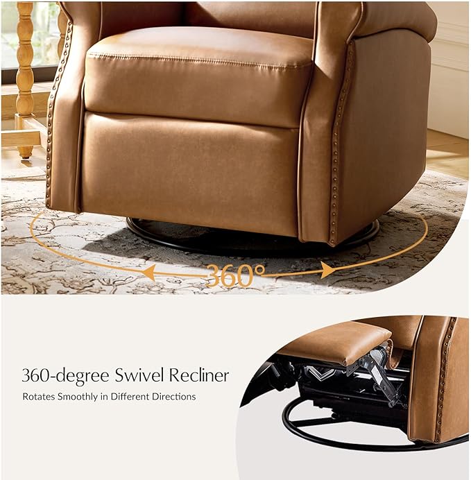 HULALA HOME Faux Leather Swivel Rocker Recliners Set of 2 with Adjustable Backrest and Footrest Push Back Recliner Chairs with Nailhead Trim Swivel Glider Rocking Chairs for Living Room Camel