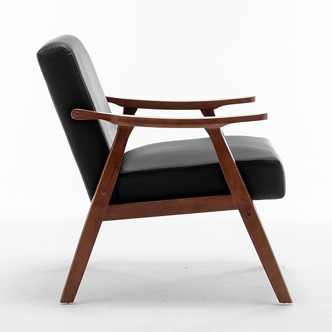 Mid Century Modern Accent Chairs with Arms Portable Rustic Solid Wood Home Chair Comfortable Chairs for Living Room Extra Seating Modern Accent Chair for Bedroom OfficeBlack-PULeather