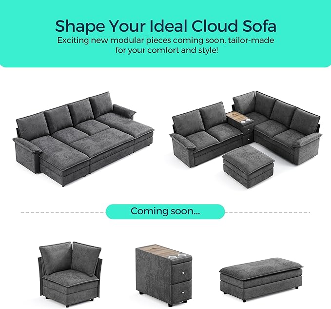LINSY HOME 2 Seater Seat Modular for sectional Sofa Cloud Sofa Seat with Double Layers Cushions Chenille Couch for Living Room Apartment Home Theater Grey
