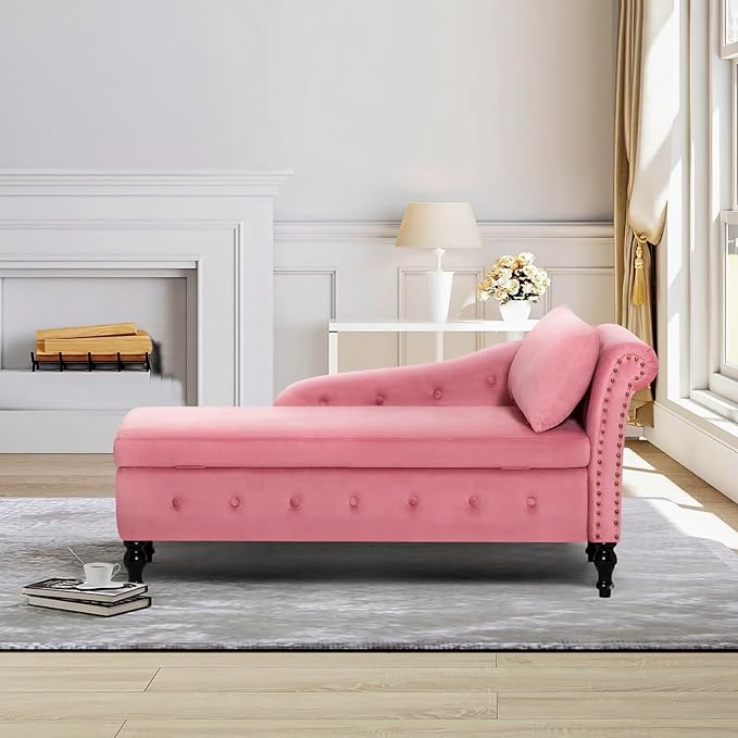 Upholstered Chaise Lounge with Right Armrest &amp Lumbar PillowButton Tufted Lounge Sofa with StorageLounge Chair IndoorModern Velvet Lounge Chair for Bedroom Living Room and OfficePink