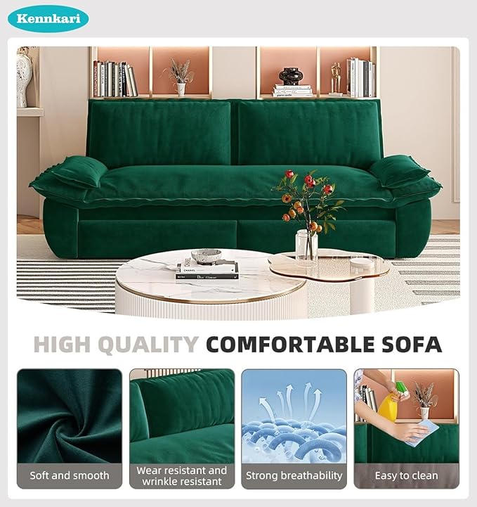 73.2 Queen Size 3-in-1 Convertible Pull Out Sofa Bed with Wheels Multi-Functional Velvet Loveseat Bed for Living Room and Bedroom (Green)