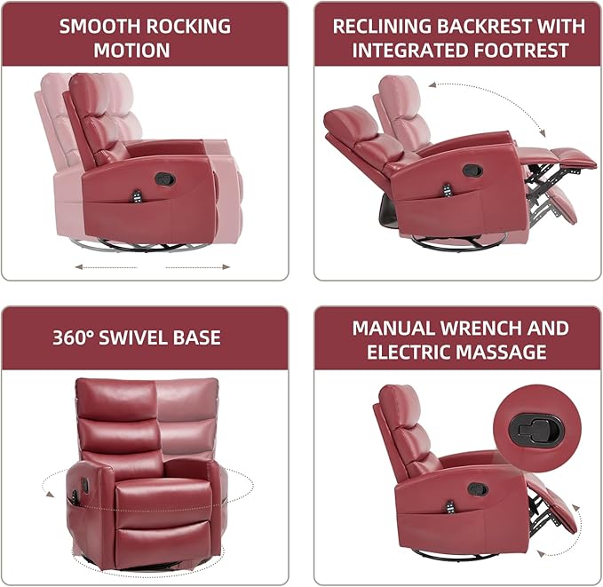 PELUMY 360° Swivel Rocker Recliner with Heat &amp Vibration Massage Glider Rocking Chair for Adults Compact Recliner for Living Room Small Spaces Nursery Bedroom (Breathable Leather Red)