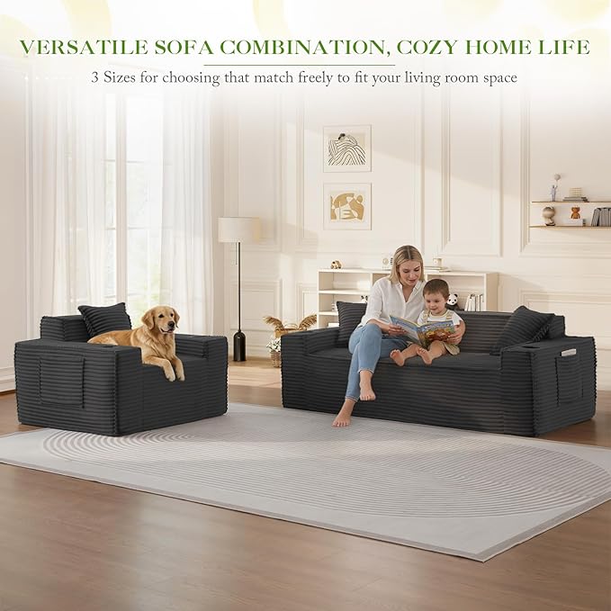Boneless Corduroy 3-Seater Sofa 80.7-Inch Oversized Comfy Cloud Deep Seat Loveseat Sofa with Cup Holder Modern Couch for Living Room Bedroom No Assembly Grey