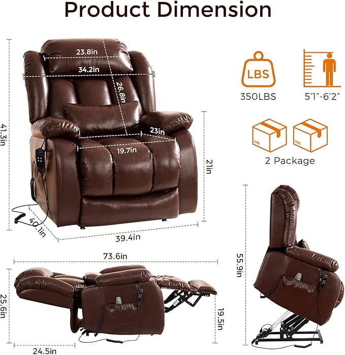 Power Lift Recliner Chair with 8-Point Massage &amp Heat Dual Remote USB/Type-C Ports Easy-Clean Leather Width 19.7 (Leather Brown)