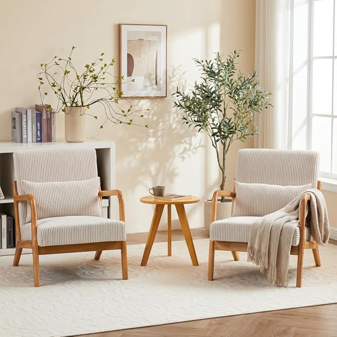 Corduroy Upholstered Mid Century Modern Accent Chair with Wide Armrests and Pillow Comfy Reading Armchair for Living Room Bedroom Guest Room (Beige+Light Oak Finish Frame)
