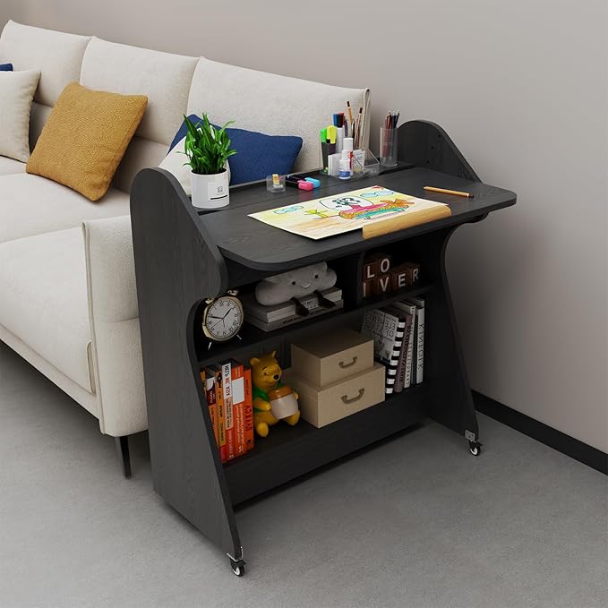 Pmnianhua Portable Mobile Desk on Wheels with Adjustable Angle TaletopHome Office DeskRolling Computer Desk with Wheels and Storage for Home Office Small Space(Black)