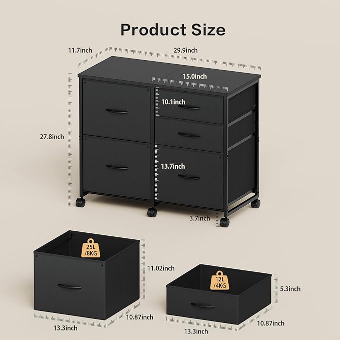 Lateral File Cabinet with 5 Drawers Rolling Filing Cabinets Under Desk Storage Printer Stand with WheelsMobile File Cabinet for Home OfficeBlack
