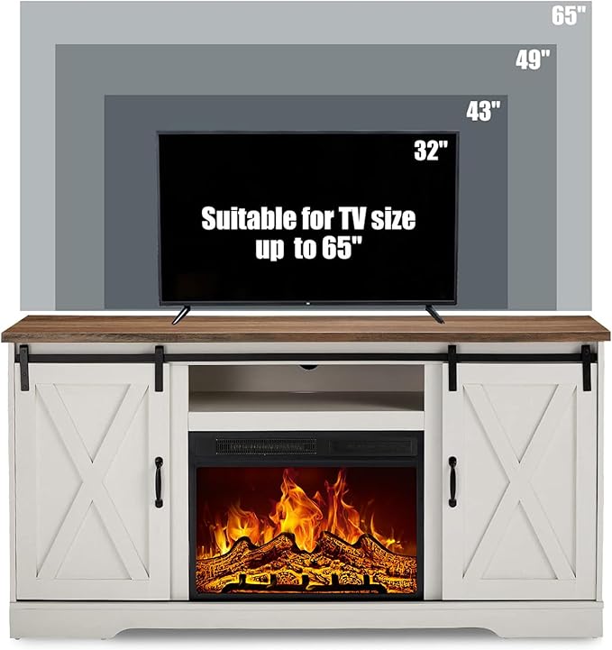 AMERLIFE Fireplace TV Stand with Sliding Barn Door for TVs up to 65 Farmhouse 59 Fireplace Entertainment Center with Storage Cabinets/Adjustable Shelves Distressed White &amp Barnwood