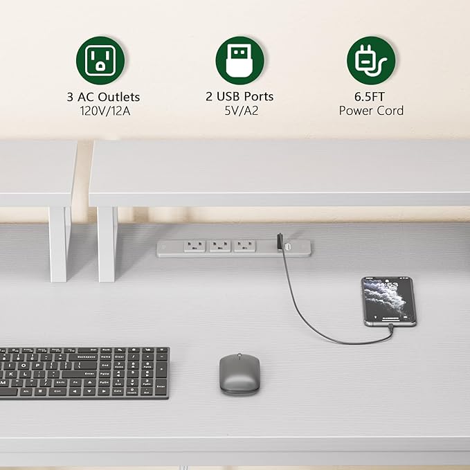 Furologee 47 Inch Computer Desk with Power Outlet Home Office Desk with Monitor Stand File Drawers Cabinet CPU Stand &amp Hooks Writing Table for Bedroom Study Work White