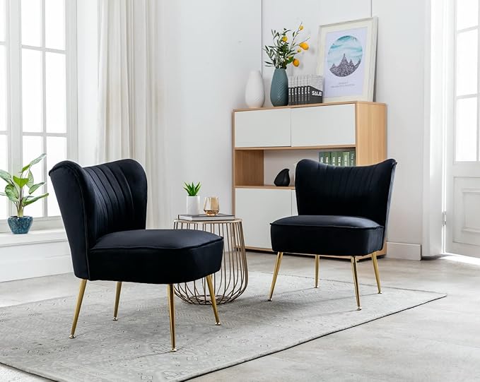 CIMOTA Velvet Black Accent Chairs Set of 2 Modern Armless Slipper Chair Wingback Single Sofa Side Chair Comfy Corner Chair with Golden Legs for Living Room Bedroom
