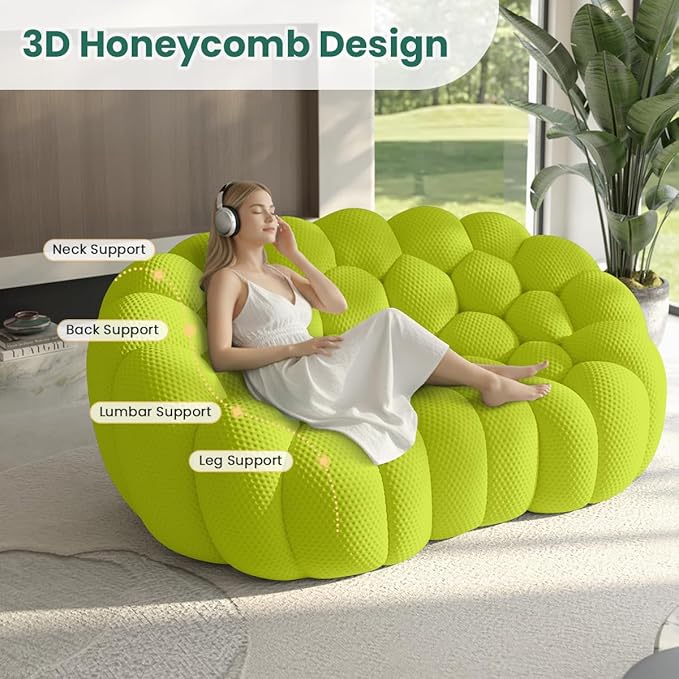 79.53'' Modern Bubble Sofa Love Seat Curved Couch Breathable Mesh Lazy Floor Sofa 3D Honeycomb Shape Bubble Couches for Living Room Office Apartment Small Space Fluorescent Green 2 Seater
