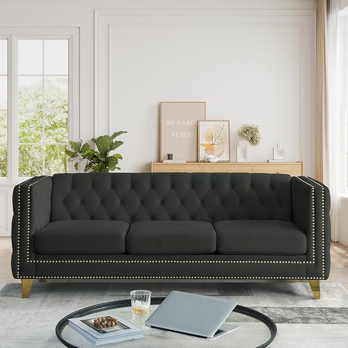 Chesterfield SofaVelvet 3 Seater Modern Couch with Button Tufted &amp Nailhead Trim Upholstered Deep Seat Couch Oversized Comfy Sofa for Living Room Bedroom Apartment Office(80.5W Black)