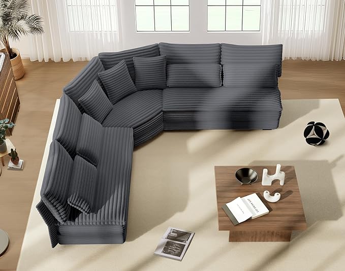 5-Seater Sectional Couch 102 L-Shaped Corner Sofa Oversized Corduroy Cloud Couch with 2-Layer Cushions for Living Room Aparment (Darkgray)