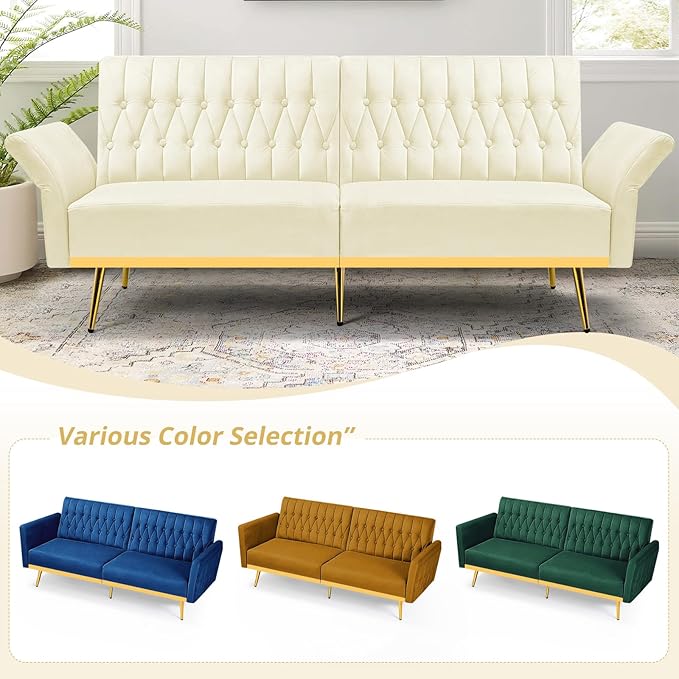 70” Velvet Futon Sofa Bed with 2 Pillows and Adjustable Armrests Convertible Sleeper Bed W/Adjustable Backrests Modern Loveseat for Living Room Bedroom Beige