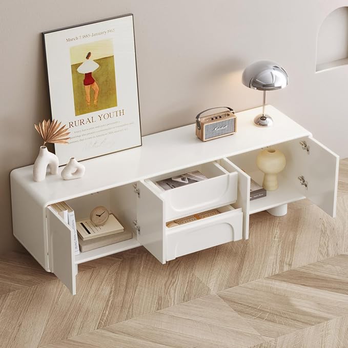 62.99 TV Stand for 55/60/65 TV Modern Entertainment Center with Storage Cabinets and Drawers Mid Century Media Console Table Cream White Television Stand for Living Room