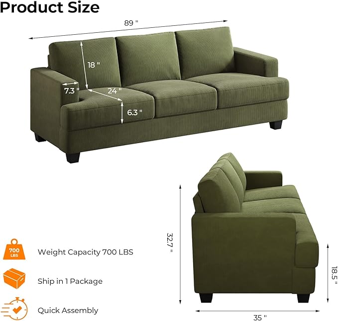 Fadware Sofa Couch 3 Seater Sofa with Suppleness Armrests Fabric Deep Seat Sofa with Upholstered Cushion&amp Backrests Modern Comfy Couch for Living Room Apartment