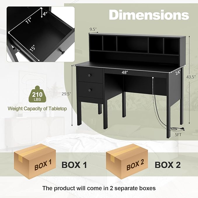 Desk with Hutch &amp Charging Station Home Office Desks with 5-Cubby Hutch 2 DrawersUSB Charging Ports &amp Power Outlets Student Desk Study Table (Black)