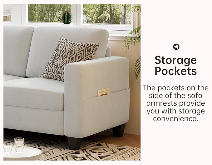 Sectional Sofas Couches for Living Room 3 Seater L Shaped Couch with Storage Ottoman 78 Modern Velvet Fabric Cream White Sofa for Apartment Studio Office Small Space