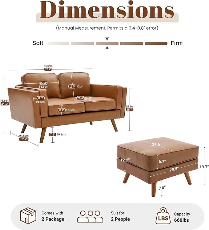 Kingfun Living Room Furniture Sets Loveseat with Ottoman Mid Century Modern Sofa Set Faux Leather Couch with Solid Wood Frame for Living Room &amp Bedroom Brown