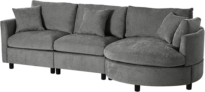 105 Modern Modular Sectional Sofa Chenille Fabric 3-Piece Sectional Sofa with Curved Chaise and 3 Throw Pillows Perfect for Living Rooms Offices and Apartments (Grey102)