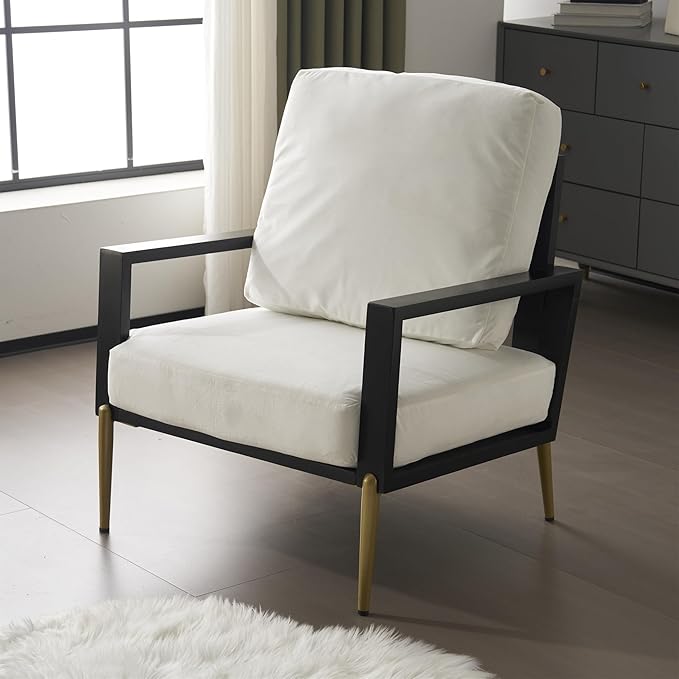 Modern Low Back Upholstered Accent Armchair with Gold Metal Legs &amp Rubberwood Frame Chic Wide Armrest Minimalist Lounge Chair with Pillow Back Single Sofa Chair for Living Room&ampBalcony Whit