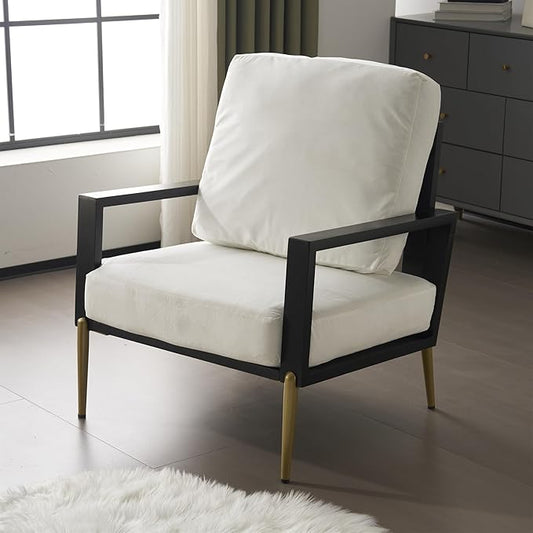 Modern Low Back Upholstered Accent Armchair with Gold Metal Legs &amp Rubberwood Frame Chic Wide Armrest Minimalist Lounge Chair with Pillow Back Single Sofa Chair for Living Room&ampBalcony Whit