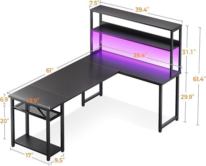 ODK 61 L Shaped Gaming Desk with Hutch &amp Headphone Hook Corner Computer Table with Storage Shelves for Home Office Black