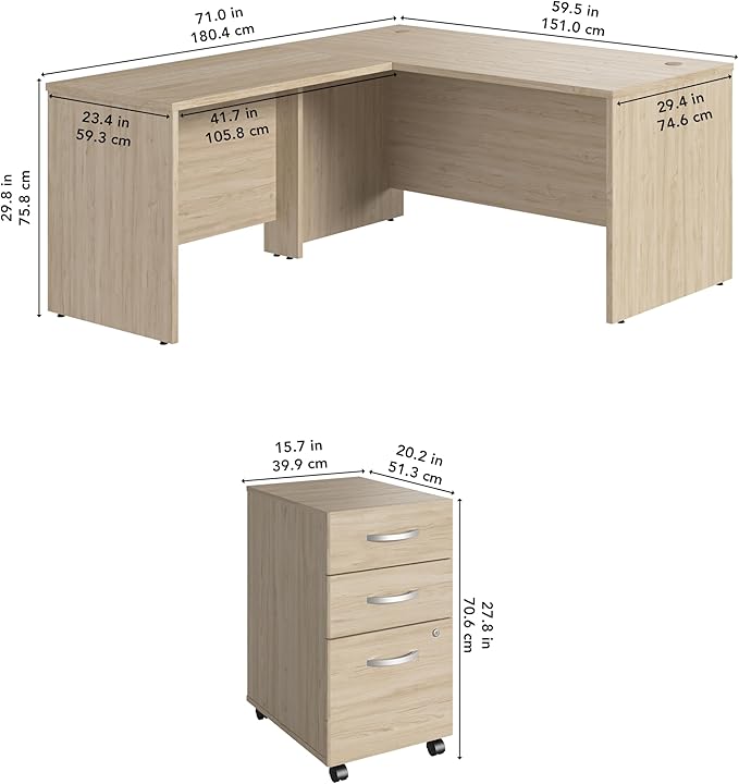 Bush Business Furniture 60W x 30D L Shaped Desk with Mobile File Cabinet Corner Table and Drawers for Home or Professional Office Studio C Collection Natural Elm