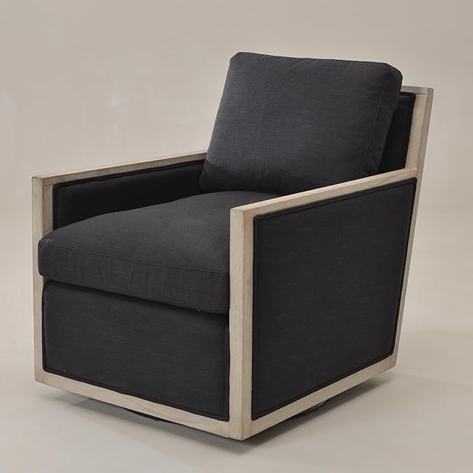 KINWELL 27 Wide Oak Wood Frame Performance Fabric Swivel Armchair No Assembly Down Fill Upholstered Swivel Barrel Chair with Removable Pillow Back for Living Room Bedroom (Black)